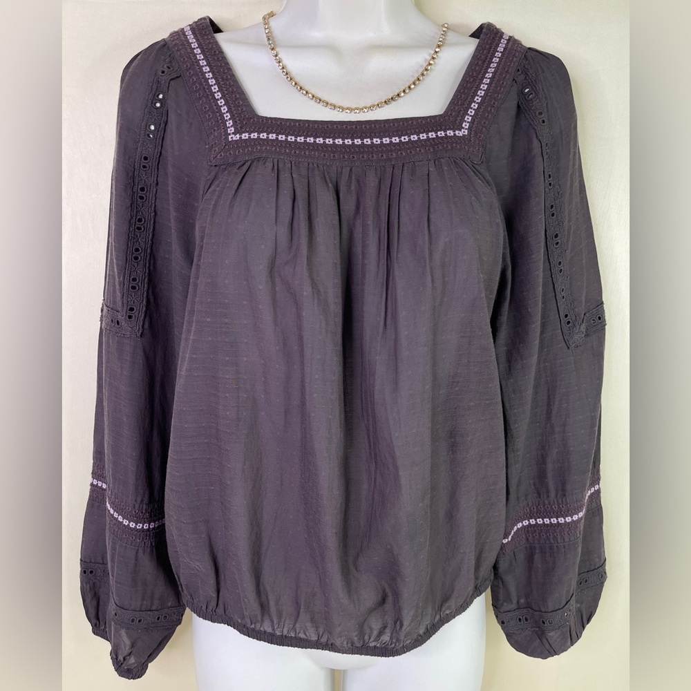 Lucky Brand Embroidered Peasant Lace Trim Blouse Square Neck M
